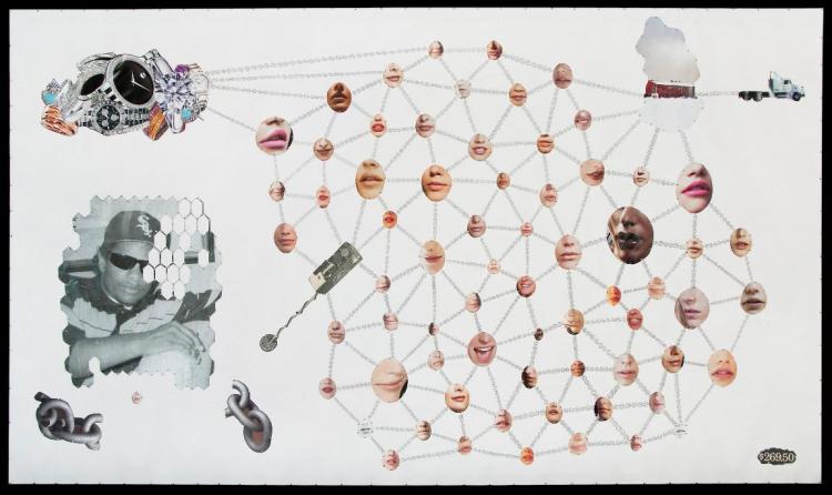 â€œFive Eazy-E Payments of $269.50â€ Mixed media collage, 22â€³x34â€³, 2009